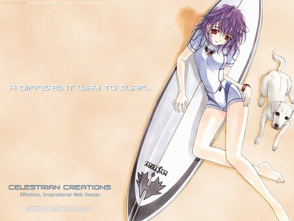 Anime picture 1024x768 with original hasumi elan single looking at viewer fringe hair between eyes red eyes purple hair lying barefoot from above text on side english third-party edit girl swimsuit one-piece swimsuit wristlet dog