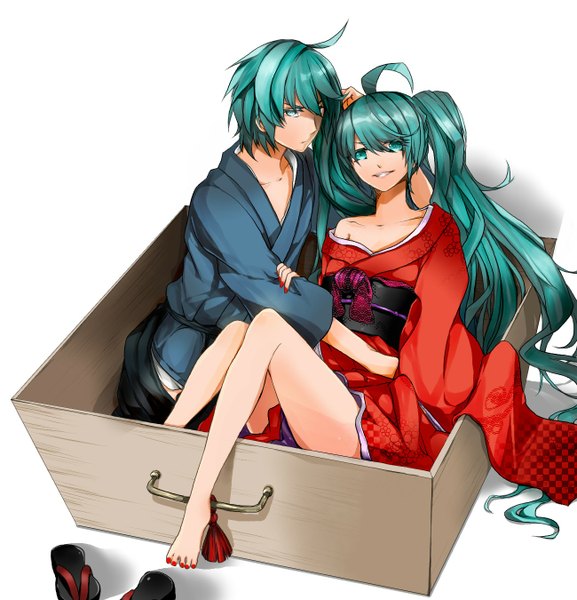 Anime picture 1300x1350 with vocaloid hatsune miku hatsune mikuo saihate (d3) long hair tall image fringe short hair simple background smile white background twintails nail polish traditional clothes japanese clothes aqua hair off shoulder twins knees touching brother and sister