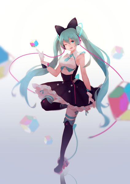 Anime picture 707x1000 with vocaloid magical mirai (vocaloid) hatsune miku magical mirai miku magical mirai miku (2016) vienri single long hair tall image looking at viewer fringe open mouth hair between eyes standing twintails full body one eye closed aqua eyes wink aqua hair