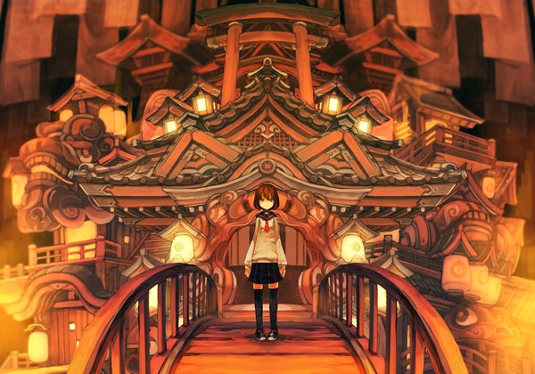 Anime picture 1250x875 with original kitsune (kazenouta) single looking at viewer short hair red eyes brown hair girl thighhighs black thighhighs serafuku building (buildings) sweater lantern bridge