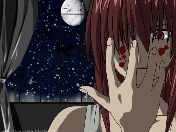 Anime picture 1600x1200 with elfen lied arms corporation lucy lynn okamoto (artist) long hair fringe red eyes pink hair hair over one eye night wallpaper snowing winter girl window moon blood star (stars) curtains full moon