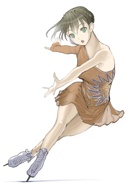 Anime picture 1158x1637 with original nakabayashi reimei single tall image short hair open mouth simple background brown hair white background green eyes girl dress skates