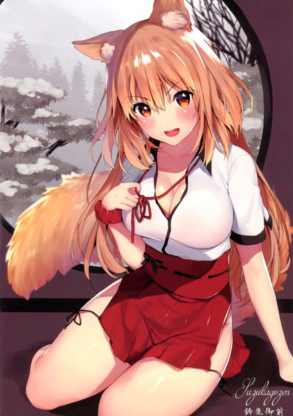 Anime picture 3000x4256 with fate (series) fate/extra ccc fox tail suzuka gozen (fate) matarou (genkai toppa) single long hair tall image looking at viewer blush fringe highres breasts open mouth light erotic smile hair between eyes brown hair large breasts sitting brown eyes