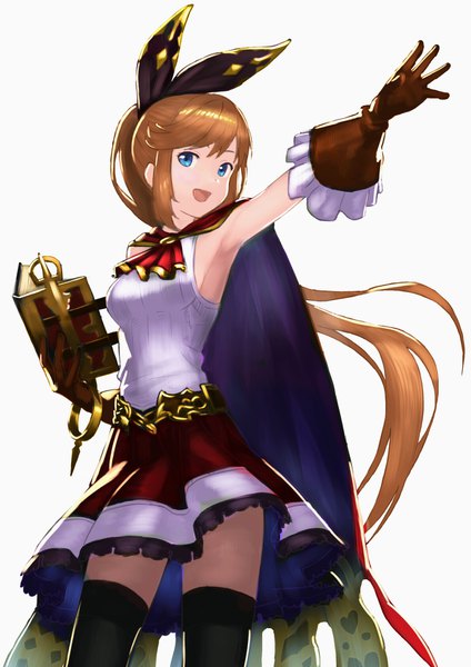 Anime picture 1190x1684 with granblue fantasy clarisse (granblue fantasy) wasabi60 single long hair tall image open mouth blue eyes simple background white background payot ponytail :d orange hair armpit (armpits) outstretched arm girl thighhighs gloves bow