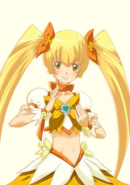 Anime picture 566x800 with precure dokidoki! precure heartcatch precure! toei animation myoudouin itsuki cure sunshine kiko (weavehabit) single long hair tall image looking at viewer blush fringe simple background blonde hair smile twintails green eyes bare belly girl