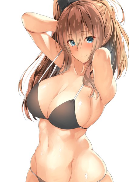 Anime picture 752x1062 with kantai collection saratoga (kantai collection) body mahattaya ginga single long hair tall image looking at viewer blush fringe breasts blue eyes light erotic simple background smile hair between eyes brown hair large breasts white background upper body arms up