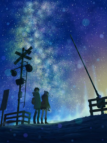 Anime picture 600x800 with original goke shike (altamira05) tall image short hair standing multiple girls sky from behind night from below night sky winter hands in pockets milky way girl 2 girls boots hood star (stars) pants