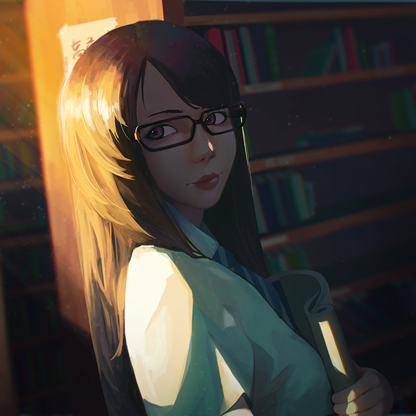 Anime picture 800x800 with guweiz single long hair fringe red eyes brown hair indoors looking back lips girl shirt glasses necktie white shirt book (books) shelf bookshelf library