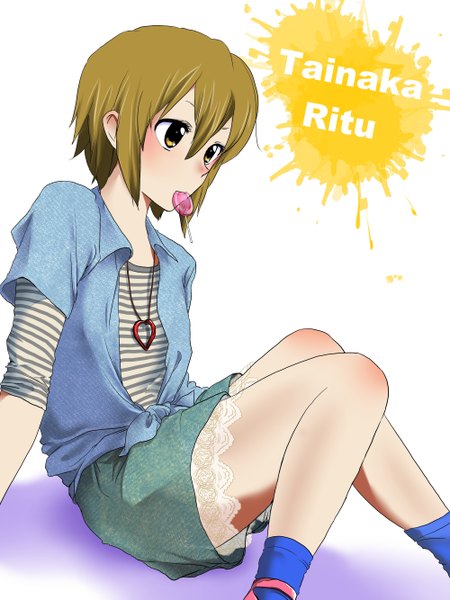 Anime picture 2000x2667 with k-on! kyoto animation tainaka ritsu takeuchi aya single tall image highres short hair simple background brown hair white background yellow eyes inscription mouth hold striped girl pendant lollipop