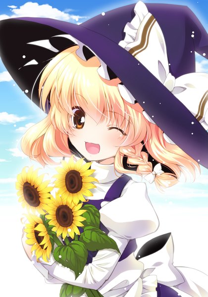 Anime picture 1220x1744 with touhou kirisame marisa tsukasaki aoi single tall image short hair open mouth blonde hair one eye closed wink orange eyes witch girl dress flower (flowers) witch hat sunflower