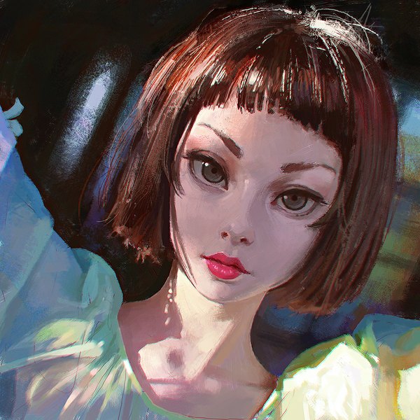 Anime picture 900x900 with original ilya kuvshinov single looking at viewer fringe short hair brown hair brown eyes blurry realistic shadow lipstick portrait face red lipstick sketch girl