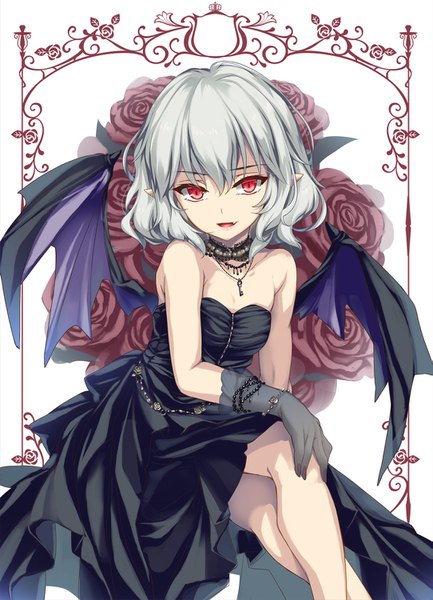 Anime picture 1083x1500 with touhou remilia scarlet moneti (daifuku) single tall image looking at viewer fringe short hair open mouth smile hair between eyes red eyes sitting bare shoulders silver hair pointy ears alternate costume sleeveless crossed legs framed