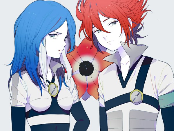 Anime picture 800x600 with inazuma eleven kiyama hiroto urubida watacco long hair looking at viewer short hair blue eyes simple background blue hair red hair multicolored hair grey background two-tone hair streaked hair hand on hip girl boy uniform flower (flowers)