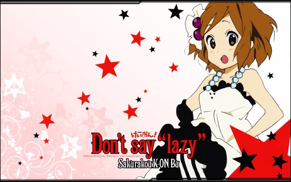 Anime picture 1920x1200 with k-on! kyoto animation hirasawa yui looking at viewer blush highres short hair open mouth simple background brown hair wide image bare shoulders sleeveless pink background jpeg artifacts dress white dress star (symbol)