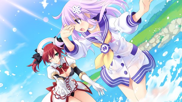 Anime picture 1500x844 with choujigen game neptune nepgear cave (choujigen game neptune) long hair blush wide image twintails purple eyes multiple girls green eyes purple hair red hair one eye closed wink girl dress gloves hair ornament bow 2 girls