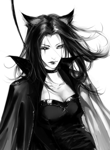 Anime picture 2500x3400 with original heleness single long hair tall image looking at viewer highres black hair simple background white background animal ears fox ears monochrome scar white eyes girl cloak collar lead