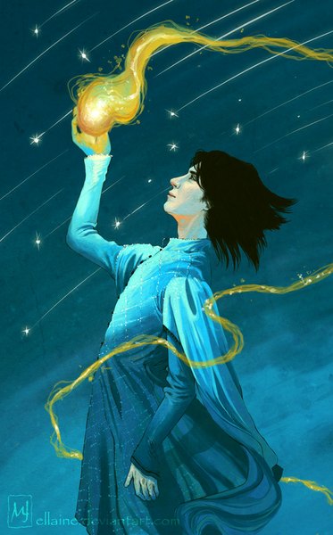 Anime picture 623x1000 with howl's moving castle studio ghibli howl calcifer ellaine (artist) single tall image short hair black hair holding long sleeves profile light smile night night sky looking up shooting star boy star (stars) fire