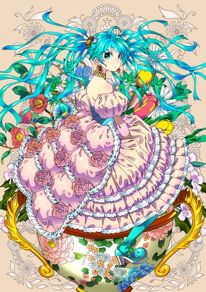 Anime picture 1415x2000 with vocaloid hatsune miku tsurukame (doku) single long hair tall image simple background twintails bare shoulders green eyes looking back aqua eyes aqua hair high heels turning head floral print bare back frilled dress messy hair girl