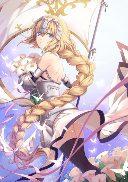 Anime picture 1000x1414 with fate (series) fate/apocrypha jeanne d'arc (fate) (all) jeanne d'arc (fate) jh single tall image looking at viewer blue eyes blonde hair braid (braids) very long hair girl thighhighs hair ornament flower (flowers) black thighhighs armor insect butterfly