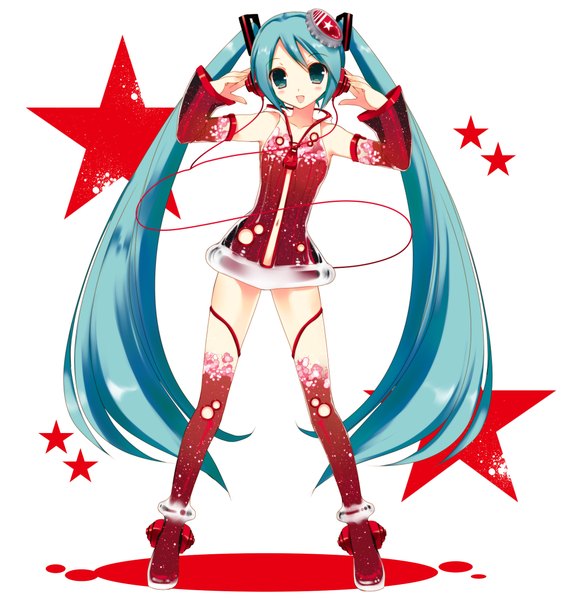 Anime picture 2081x2199 with vocaloid hatsune miku cola miku takanae kyourin single tall image highres twintails very long hair aqua eyes aqua hair girl detached sleeves headphones star (symbol) wire (wires)