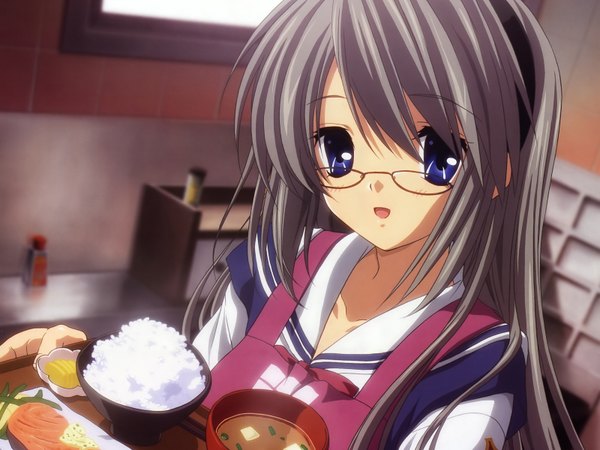Anime picture 1600x1200 with clannad key (studio) sakagami tomoyo single long hair looking at viewer fringe open mouth blue eyes hair between eyes holding payot upper body indoors grey hair bespectacled girl uniform glasses serafuku