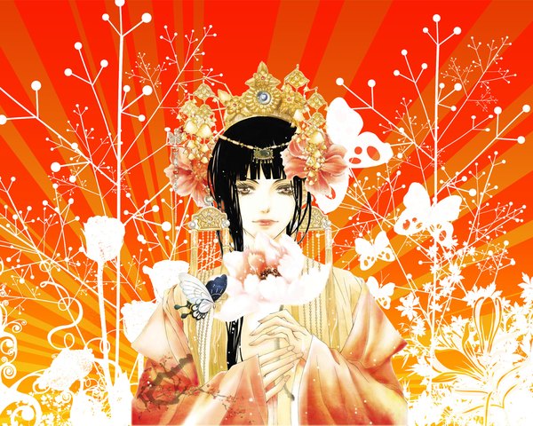 Anime picture 1280x1024 with the bride of the water god (manga) yoon mikyung (artist) single long hair fringe black hair holding brown eyes traditional clothes open clothes open shirt red background silhouette outline hair ornament flower (flowers) plant (plants) rose (roses) insect butterfly