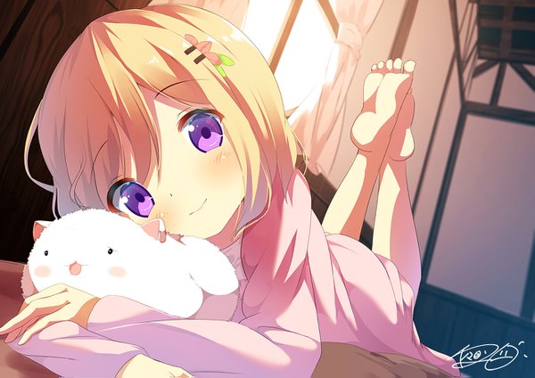 Anime picture 1300x919 with gochuumon wa usagi desu ka? white fox hoto cocoa tippy (gochiusa) chinomaron single looking at viewer blush short hair smile brown hair purple eyes signed lying head tilt barefoot dutch angle crossed arms on stomach leg lift (legs lift)