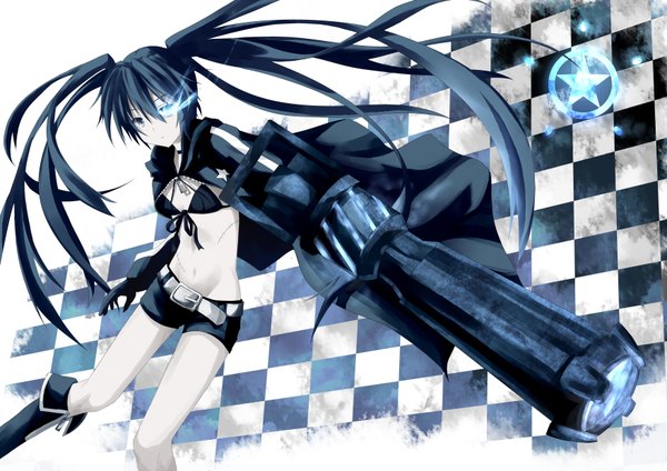 Anime picture 3508x2480 with black rock shooter black rock shooter (character) long hair highres blue eyes black hair twintails absurdres glowing scar glowing eye (eyes) checkered girl weapon shorts gun cloak bikini top huge weapon