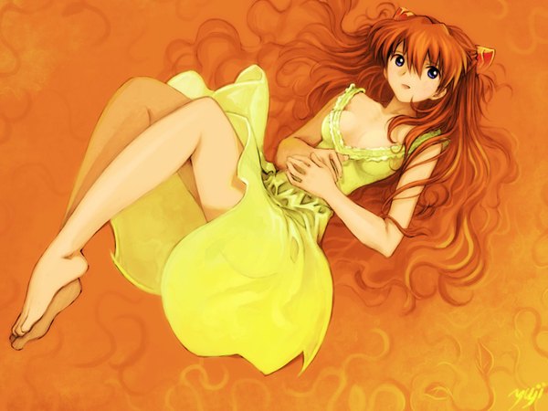 Anime picture 1600x1200 with neon genesis evangelion gainax soryu asuka langley kobayashi yuji orange background