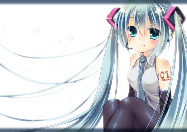 Anime picture 3541x2508 with vocaloid hatsune miku otogaki yoro blush highres smile white background twintails bare shoulders absurdres very long hair aqua eyes aqua hair girl detached sleeves necktie headphones