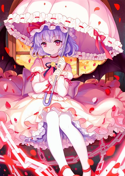 Anime picture 900x1272 with touhou remilia scarlet mirror (xilu4) single tall image looking at viewer fringe short hair smile sitting purple hair pink eyes girl dress hat petals pantyhose choker umbrella chain