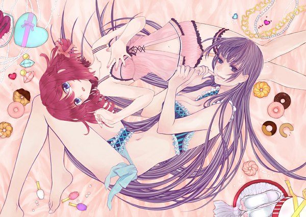 Anime picture 1000x711 with mirakuruone (artist) long hair looking at viewer blush short hair open mouth blue eyes light erotic smile purple eyes bare shoulders multiple girls purple hair red hair nail polish barefoot hand on chest finger to mouth girl navel