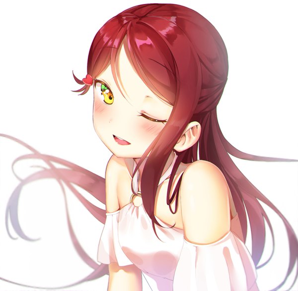 Anime picture 1603x1569 with love live! sunshine!! sunrise (studio) love live! sakurauchi riko hachinatsu single long hair looking at viewer blush open mouth simple background smile white background bare shoulders yellow eyes upper body red hair one eye closed depth of field ;d
