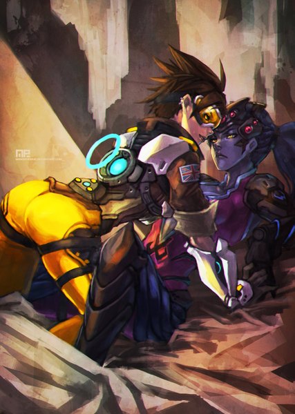 Anime picture 2477x3484 with overwatch blizzard entertainment widowmaker (overwatch) tracer (overwatch) monori rogue long hair tall image highres short hair brown hair multiple girls yellow eyes purple hair ass piercing ear piercing shoujo ai face to face purple skin girl