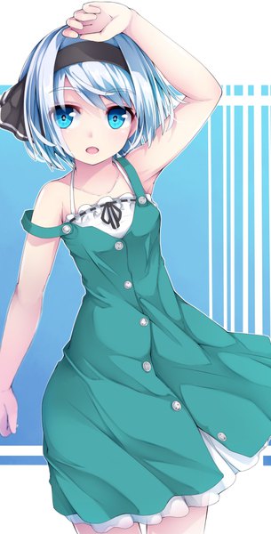 Anime picture 500x981 with touhou konpaku youmu uumaru single tall image looking at viewer fringe short hair open mouth blue eyes silver hair arm up alternate costume strap slip girl dress hairband sundress buttons