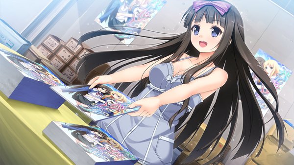 Anime picture 1280x720 with ano ko wa ore kara hanarenai giga kamishiro aoi long hair open mouth blue eyes black hair wide image game cg girl dress bow hair bow manga (object)