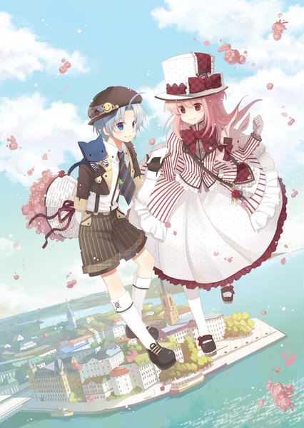 Anime picture 1066x1500 with original rednian long hair tall image short hair blue eyes red eyes blue hair pink hair cloud (clouds) full body girl dress boy flower (flowers) bow hat petals socks white socks