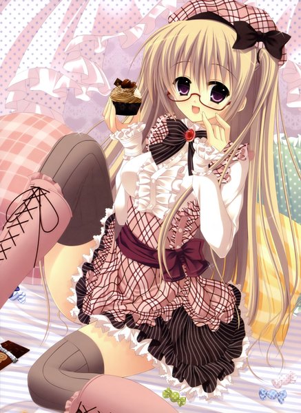 Anime picture 2963x4066 with hazumi rio long hair tall image highres open mouth blonde hair purple eyes lacing girl thighhighs dress black thighhighs glasses food boots sweets