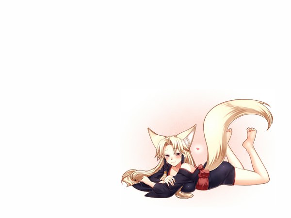 Anime picture 1500x1125 with konshin single long hair blush blonde hair simple background red eyes white background bare shoulders animal ears lying traditional clothes japanese clothes animal tail barefoot on stomach girl kimono obi