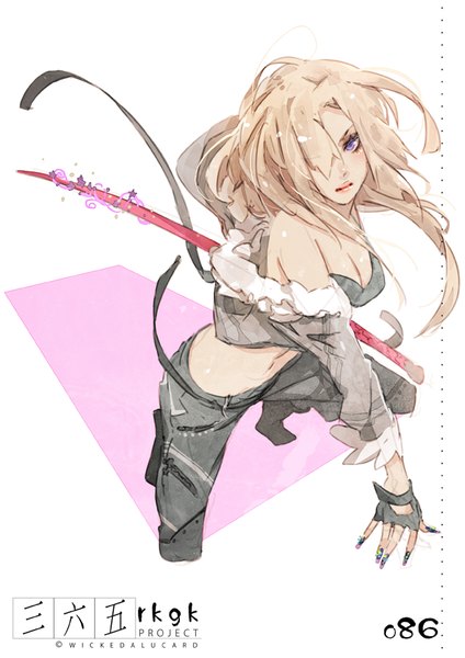 Anime picture 600x849 with ian olympia single long hair tall image fringe light erotic blonde hair purple eyes bare shoulders bent knee (knees) nail polish fingernails hair over one eye open clothes open jacket bare belly long fingernails girl gloves weapon