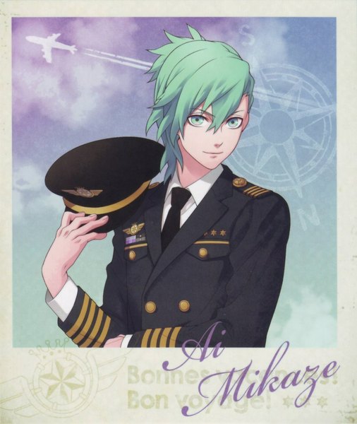 Anime picture 863x1024 with uta no prince-sama a-1 pictures mikaze ai single tall image looking at viewer short hair smile sky cloud (clouds) aqua eyes aqua hair framed hat removed boy uniform hat shirt necktie peaked cap