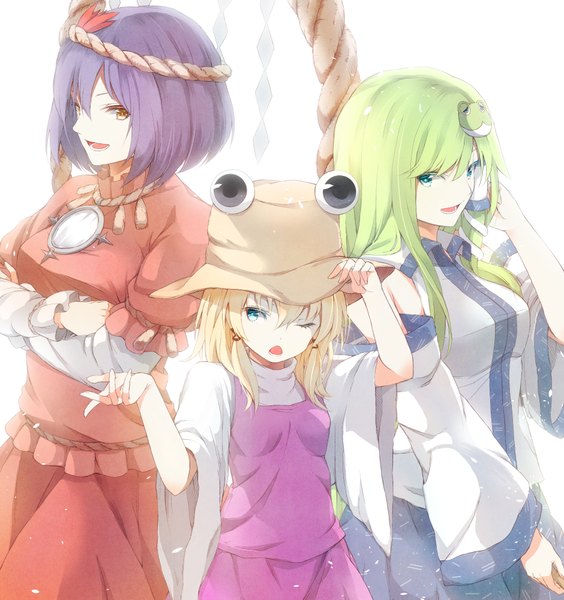 Anime-Bild 1880x2000 mit touhou kochiya sanae moriya suwako yasaka kanako mikoma sanagi long hair tall image highres short hair open mouth blue eyes simple background blonde hair white background multiple girls green eyes yellow eyes purple hair traditional clothes one eye closed