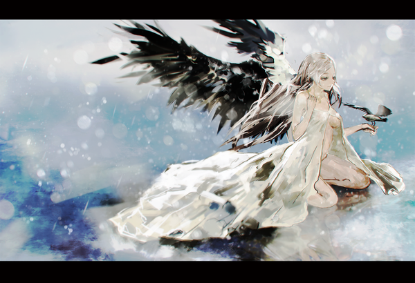 Anime picture 1200x820 with original 5esrs long hair breasts light erotic blonde hair sitting brown eyes bare legs sideboob snowing winter snow framed black wings girl dress animal wings bird (birds)