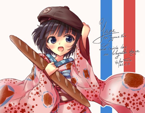 Anime picture 1500x1177 with ikoku meiro no croisee satelight yune (ikoku meiro no croisee) nijihashi sora single short hair open mouth blue eyes black hair signed japanese clothes loli girl kimono beret bread