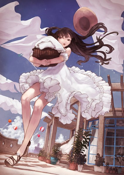 Anime picture 707x1000 with original kaoming single long hair tall image looking at viewer fringe open mouth brown hair standing bare shoulders holding brown eyes sky cloud (clouds) bent knee (knees) one eye closed wind bare legs standing on one leg