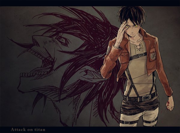 Anime picture 1300x965 with shingeki no kyojin production i.g eren yaeger rogue titan tagme (artist) single short hair black hair yellow eyes pointy ears inscription letterboxed hand on face giant boy uniform jacket blood pants suspenders