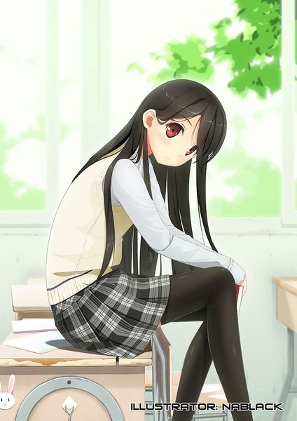 Anime picture 707x1000 with original kuro-kun (nablack) single long hair tall image looking at viewer black hair red eyes sitting girl thighhighs skirt uniform black thighhighs school uniform desk