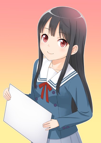 Anime picture 700x990 with kyoukai no kanata kyoto animation nase mitsuki ha-ru single long hair tall image looking at viewer blush fringe black hair smile red eyes payot upper body from above gradient background girl uniform serafuku