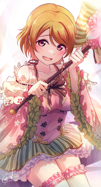 Anime picture 2166x4000 with love live! school idol project sunrise (studio) love live! koizumi hanayo yatoroku single tall image looking at viewer blush highres short hair open mouth sitting purple eyes :d from above orange hair girl thighhighs frills