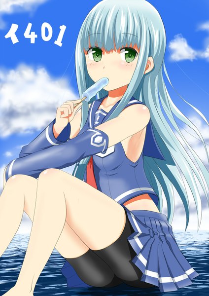 Anime picture 1294x1830 with aoki hagane no arpeggio iona ju (old505) single long hair tall image looking at viewer blush green eyes blue hair sky cloud (clouds) girl skirt detached sleeves food sweets sea ice cream sailor suit